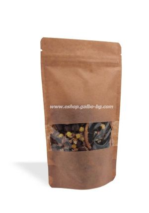 Дойпак крафт плик за чай и ядки с тесен прозорец и цип 130/80/225 мм 50, 100 бр / 2000 бр  КОД 2050