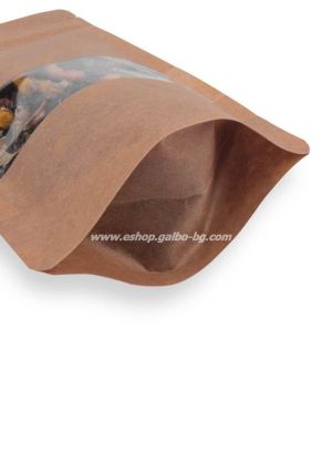 Дойпак крафт плик за чай и ядки с тесен прозорец и цип 110*70*185 мм 25 , 100 бр / 2000 бр  КОД 2049