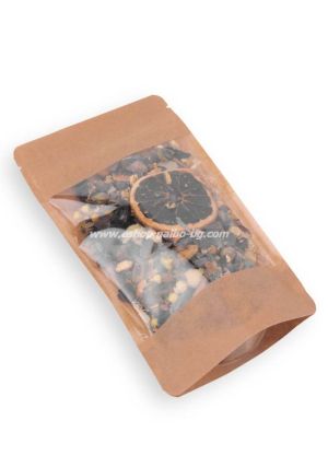 Дойпак крафт плик за чай и ядки с широк прозорец и цип 180/90/290 мм 101,  100 бр / 1000 бр КОД 2012