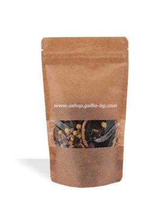 Дойпак крафт плик за чай и ядки с тесен прозорец и цип 250/120/340 мм 300 , 100 бр / 500 бр КОД 2081