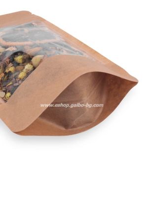 Дойпак крафт плик за чай и ядки с широк прозорец и цип 250/120/340 мм,  300,   100 бр / 500 бр КОД 2084