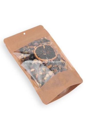 Дойпак крафт плик  за чай и ядки с широк прозорец, цип и отвор за закачане  85/60/145 мм 10 , 100 бр/ 3000 бр КОД 2082