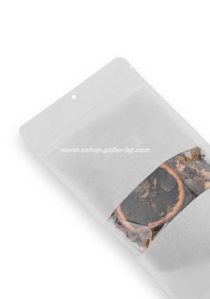 Дойпак бял плик за чай и ядки с тесен прозорец, цип и отвор за закачане ,  110/70/185 мм,   25, 100 бр / 3000 бр КОД 2086