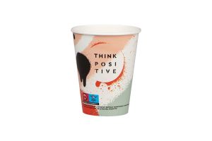 Картонена чаша 14 oz за студени напитки  (350 мл) THINK POSITIVE,  50 бр / 1000 бр - диаметър 90 мм  В ПРОМОЦИЯ