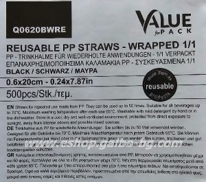 Единично опаковани пластмасови ЧЕРНИ  сламки   6 мм / 20 см  -  500 бр / 6000 бр. ЗА МНОГОКРАТНА УПОТРЕБА